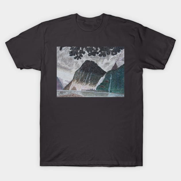 A rainy day in Milford Sound, New Zealand T-Shirt by Anton Liachovic